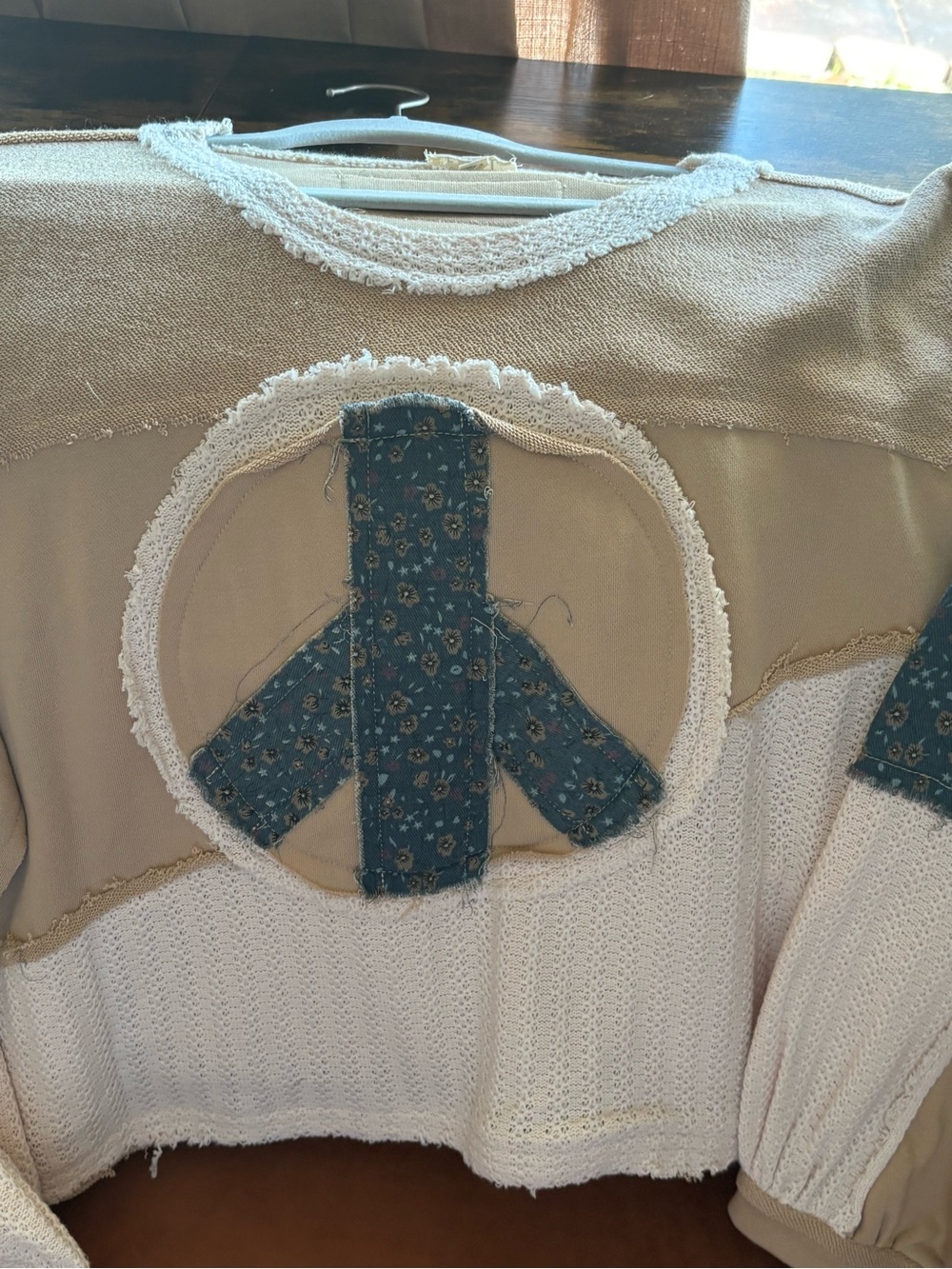 POL Patchwork Peace Sign Pullover - Beige & Teal - Picture 3 of 5